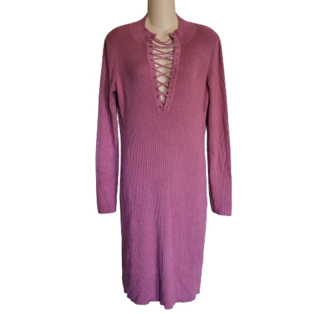 Derek Heart Plus Ribbed Lace Up Long Sleeve Pink Bodycon Dress Size Women's 1X